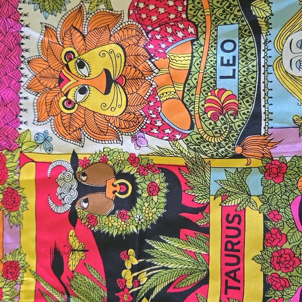 RARE VINTAGE 60s Mod Zodiac Sign Astrology Silk Scarf - Picture 4 of 8